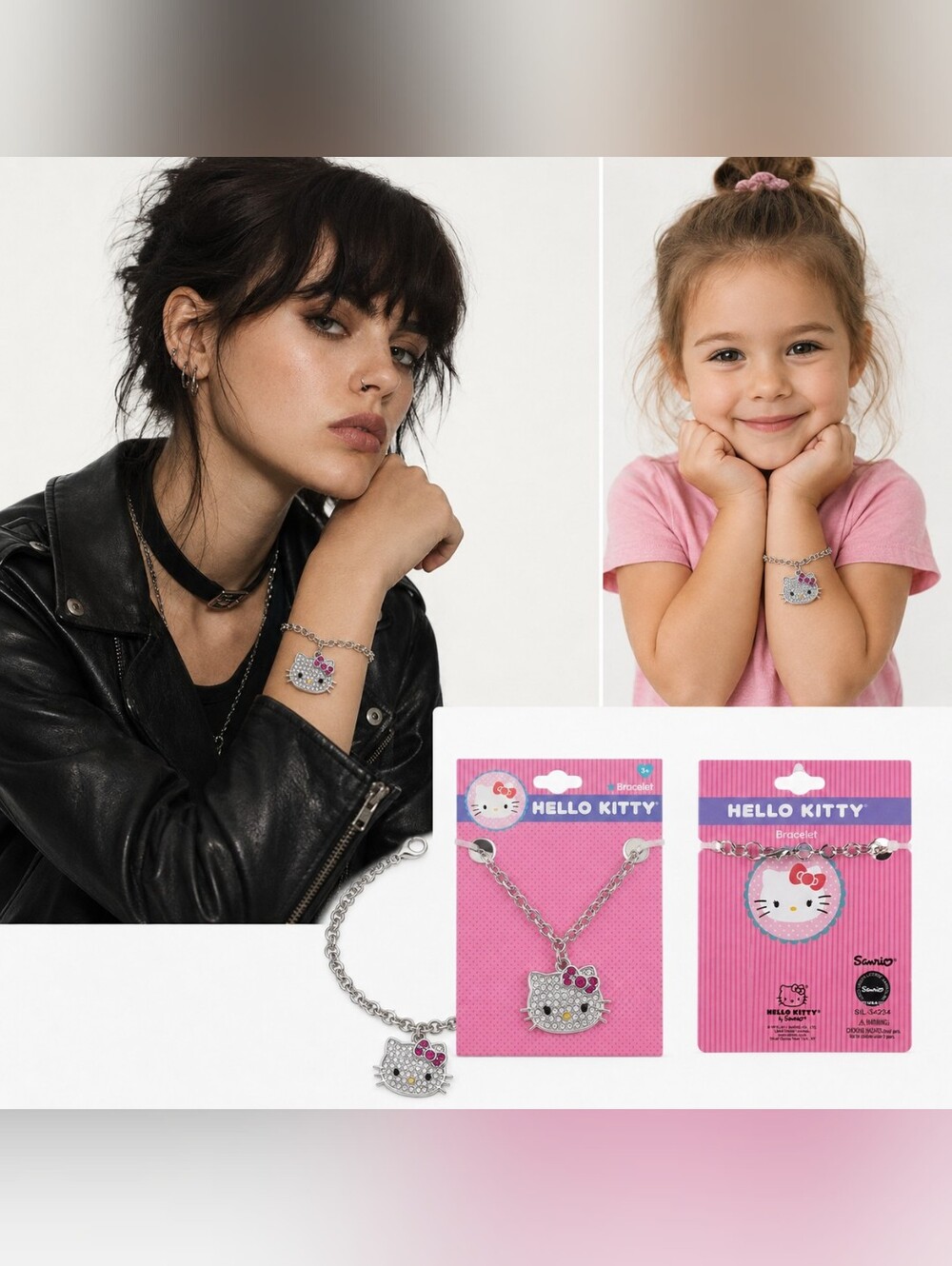 🍎NWT Hello Kitty Sanrio Rhinestone Charm Bracelet Silver-Tone Pink Bow Licensed